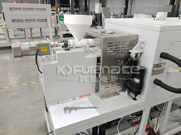 Actual photo of PTFE hopper three temperature zone rotary tube furnace