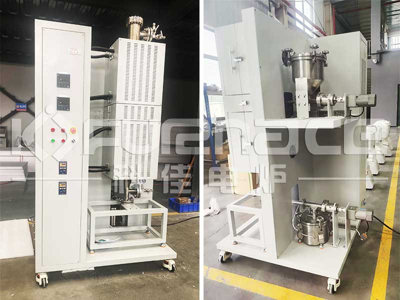 Actual photo of a vertical fluidized bed tube furnace with two temperature zones for continuous feeding and discharging Actual photo of a vertical fluidized bed tube furnace with two temperature zones for continuous feeding and discharging