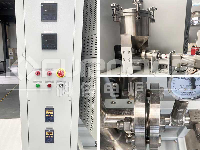Actual photo of a vertical fluidized bed tube furnace with two temperature zones for continuous feeding and discharging Actual photo of a vertical fluidized bed tube furnace with two temperature zones for continuous feeding and discharging